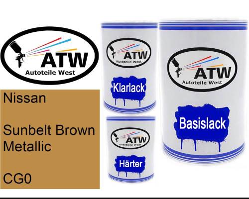 Nissan, Sunbelt Brown Metallic, CG0: 500ml Lackdose + 500ml Klarlack + 250ml Härter - Set, von ATW Autoteile West.